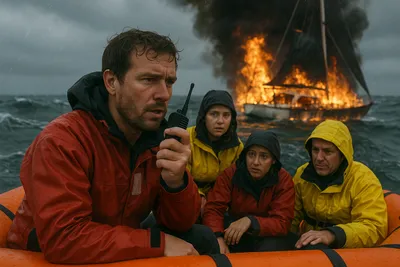 Sailor in a liferaft using a VHF radio
