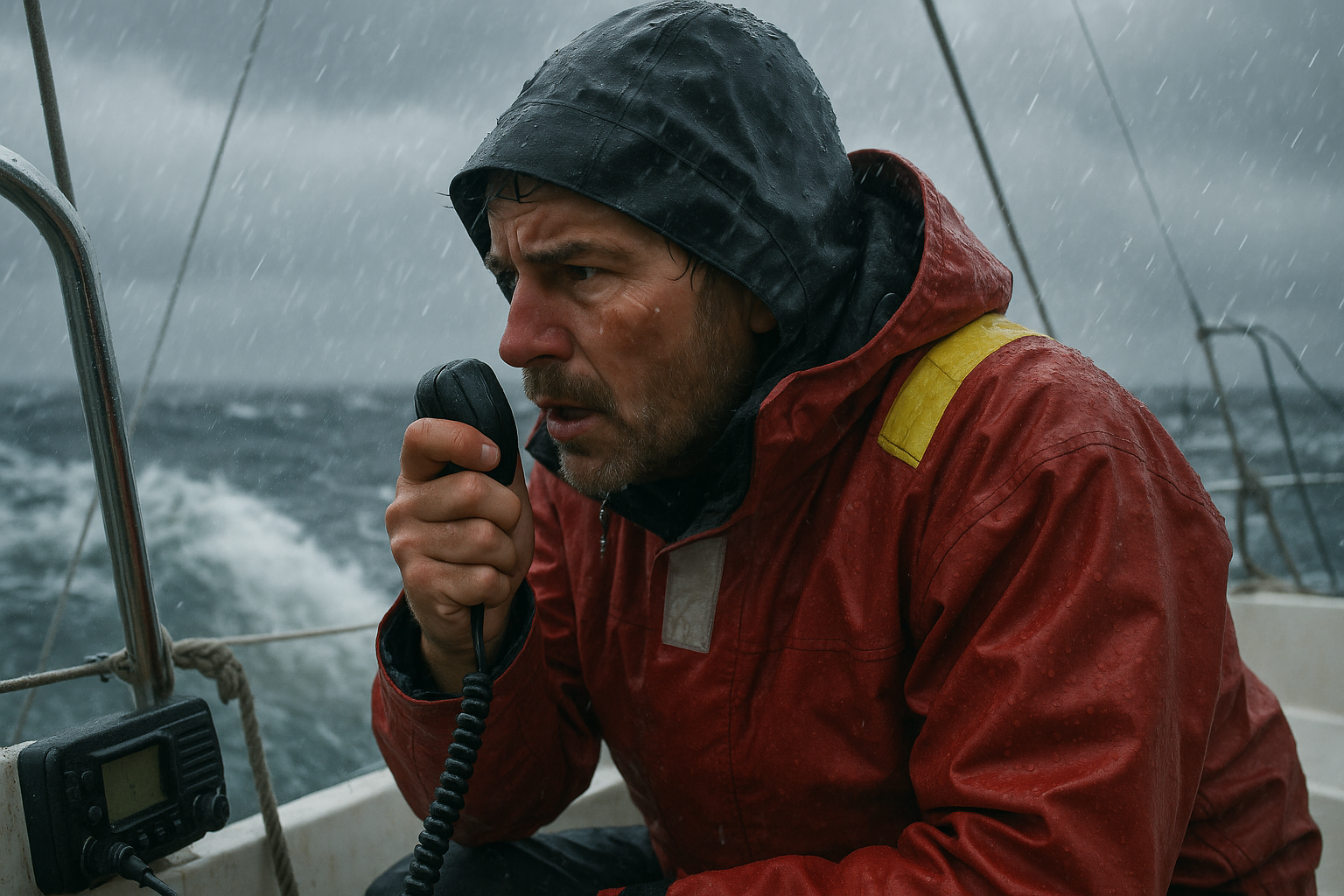 Sailor using VHF radio for weather communication